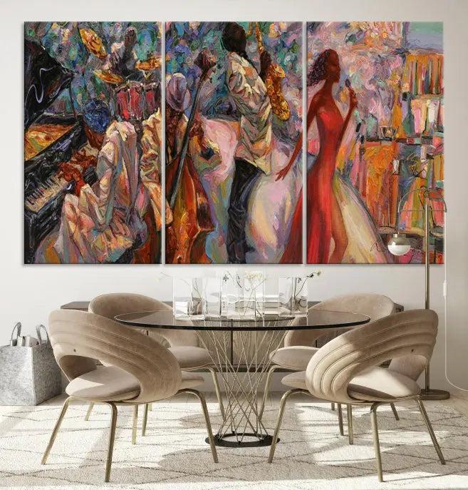 The "Abstract Afro American Jazz Canvas Wall Art," featuring music-inspired paintings, adorns the wall and enhances your home's décor with vibrant and expressive artistry.