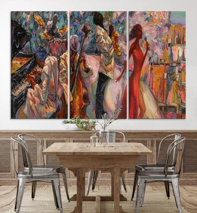 The "Abstract Afro American Jazz Canvas Wall Art," featuring music-inspired paintings, adorns the wall and enhances your home's décor with vibrant and expressive artistry.