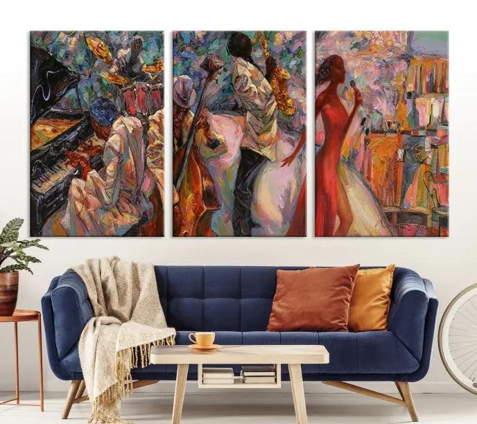 The "Abstract Afro American Jazz Canvas Wall Art," featuring music-inspired paintings, adorns the wall and enhances your home's décor with vibrant and expressive artistry.