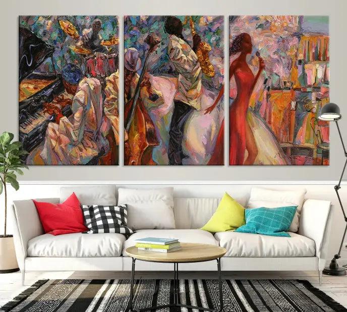 The "Abstract Afro American Jazz Canvas Wall Art," featuring music-inspired paintings, adorns the wall and enhances your home's décor with vibrant and expressive artistry.