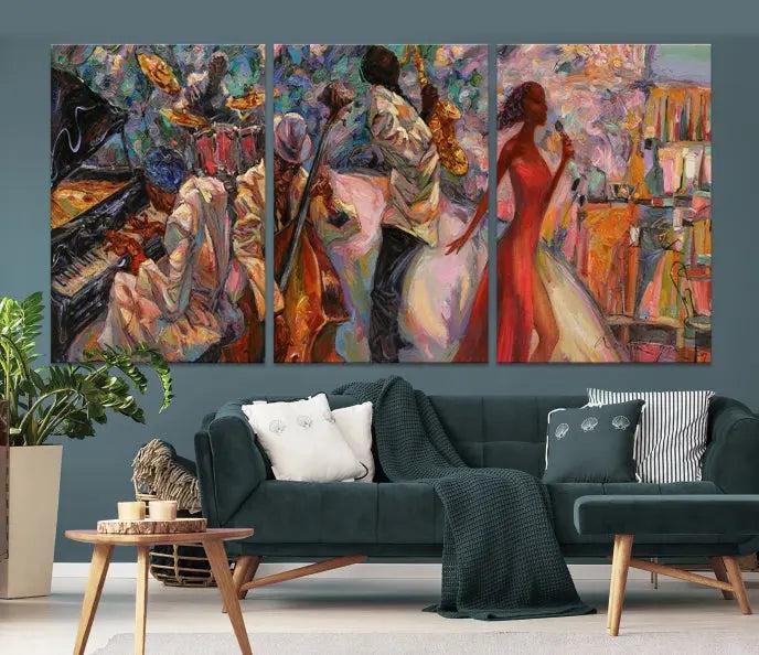 The "Abstract Afro American Jazz Canvas Wall Art," featuring music-inspired paintings, adorns the wall and enhances your home's décor with vibrant and expressive artistry.