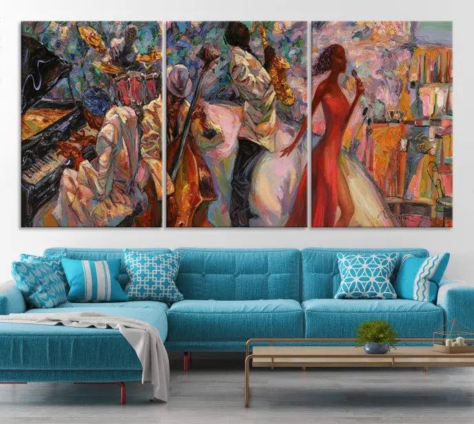 The "Abstract Afro American Jazz Canvas Wall Art," featuring music-inspired paintings, adorns the wall and enhances your home's décor with vibrant and expressive artistry.