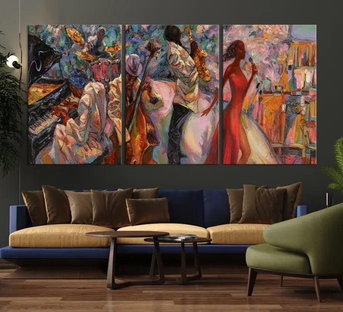 The "Abstract Afro American Jazz Canvas Wall Art," featuring music-inspired paintings, adorns the wall and enhances your home's décor with vibrant and expressive artistry.