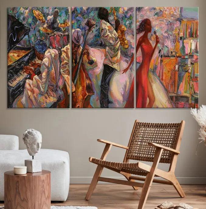 The "Abstract Afro American Jazz Canvas Wall Art," featuring music-inspired paintings, adorns the wall and enhances your home's décor with vibrant and expressive artistry.