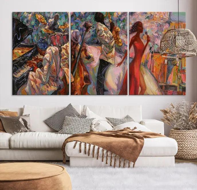 The "Abstract Afro American Jazz Canvas Wall Art," featuring music-inspired paintings, adorns the wall and enhances your home's décor with vibrant and expressive artistry.