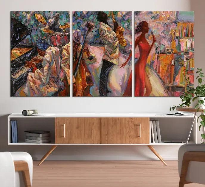 The "Abstract Afro American Jazz Canvas Wall Art," featuring music-inspired paintings, adorns the wall and enhances your home's décor with vibrant and expressive artistry.