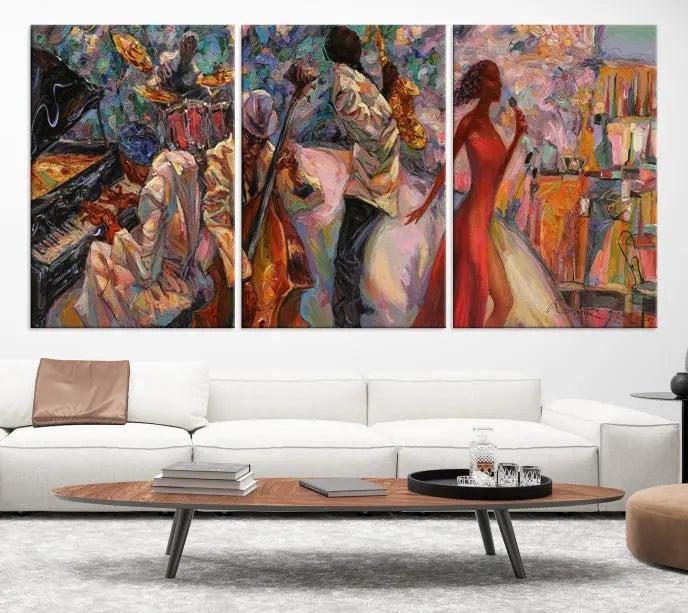 The "Abstract Afro American Jazz Canvas Wall Art," featuring music-inspired paintings, adorns the wall and enhances your home's décor with vibrant and expressive artistry.