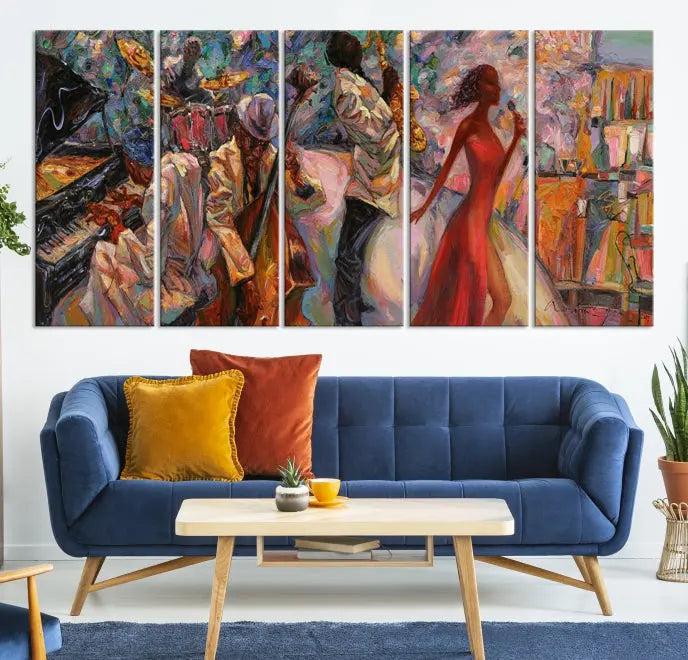 The "Abstract Afro American Jazz Canvas Wall Art," featuring music-inspired paintings, adorns the wall and enhances your home's décor with vibrant and expressive artistry.