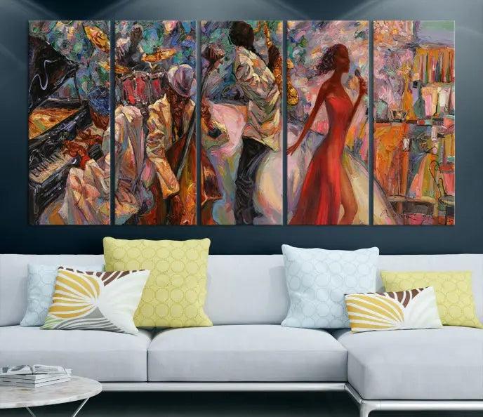 The "Abstract Afro American Jazz Canvas Wall Art," featuring music-inspired paintings, adorns the wall and enhances your home's décor with vibrant and expressive artistry.