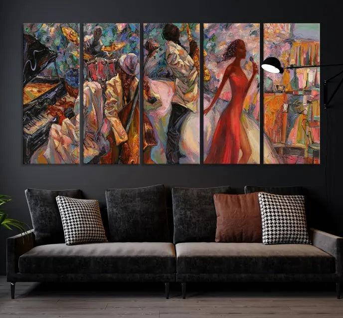 The "Abstract Afro American Jazz Canvas Wall Art," featuring music-inspired paintings, adorns the wall and enhances your home's décor with vibrant and expressive artistry.