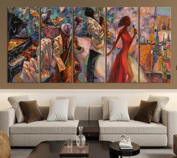 The "Abstract Afro American Jazz Canvas Wall Art," featuring music-inspired paintings, adorns the wall and enhances your home's décor with vibrant and expressive artistry.