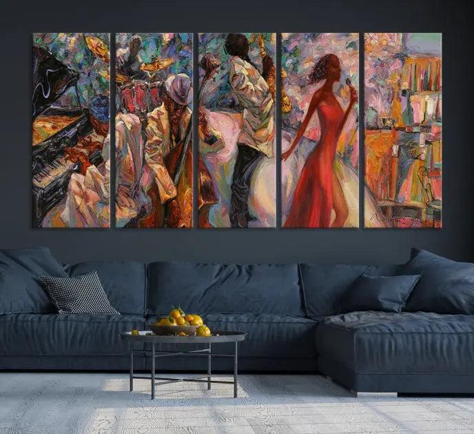 The "Abstract Afro American Jazz Canvas Wall Art," featuring music-inspired paintings, adorns the wall and enhances your home's décor with vibrant and expressive artistry.