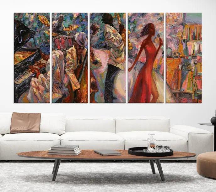 The "Abstract Afro American Jazz Canvas Wall Art," featuring music-inspired paintings, adorns the wall and enhances your home's décor with vibrant and expressive artistry.