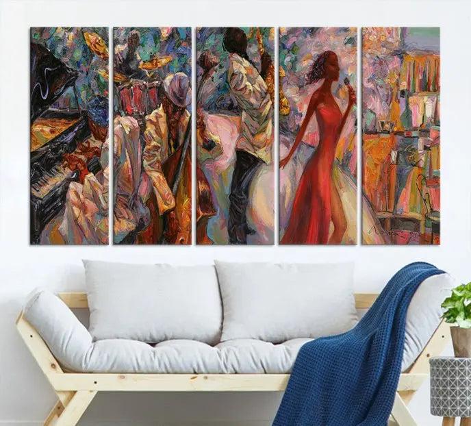 The "Abstract Afro American Jazz Canvas Wall Art," featuring music-inspired paintings, adorns the wall and enhances your home's décor with vibrant and expressive artistry.