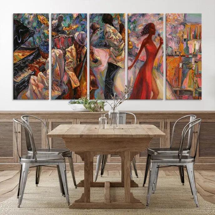 The "Abstract Afro American Jazz Canvas Wall Art," featuring music-inspired paintings, adorns the wall and enhances your home's décor with vibrant and expressive artistry.