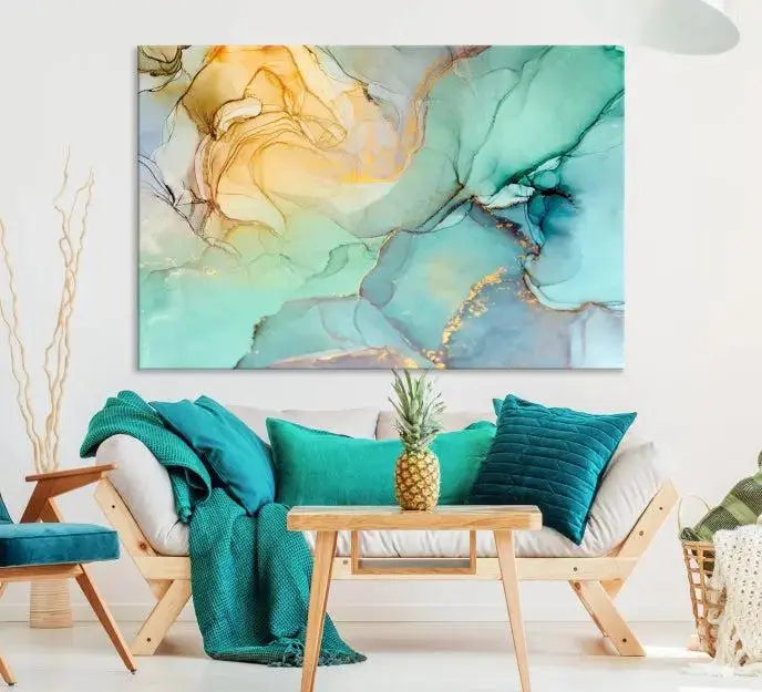 Abstract Aqua and Gold Fluid Art | 3 Panel Large Canvas Print for Living Room, Office, or Modern Space | Elegant Contemporary Wall Art, Ready to Hang