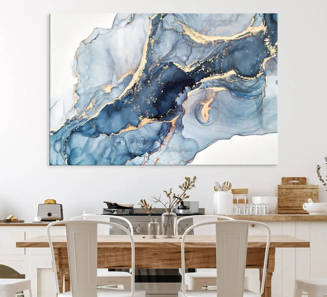 A contemporary setting showcases the "Abstract Art Print - Blue Abstract Canvas Wall Art Print Abstract Art Fluid Effect Marble Wall Art" on a dark wall.