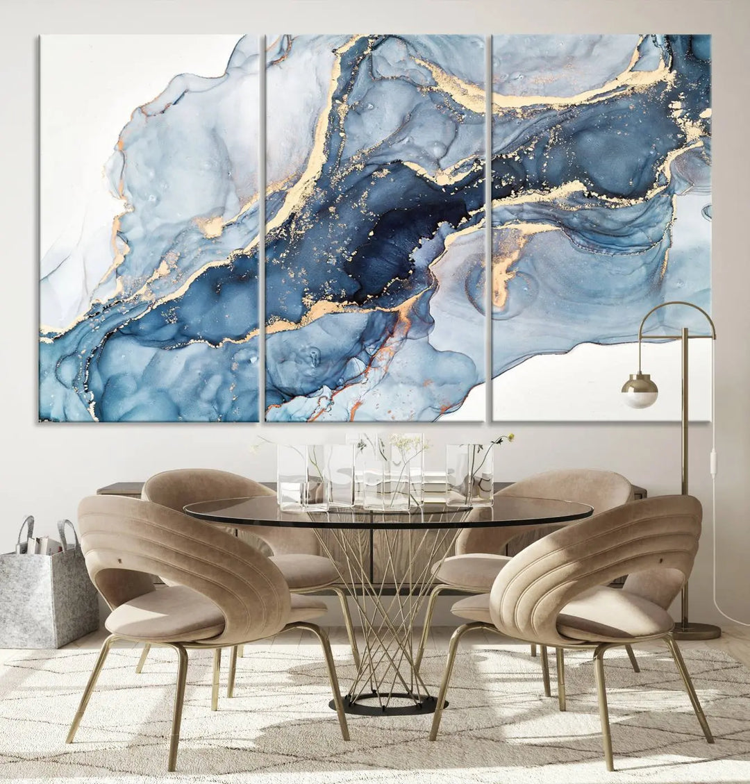 A contemporary setting showcases the "Abstract Art Print - Blue Abstract Canvas Wall Art Print Abstract Art Fluid Effect Marble Wall Art" on a dark wall.