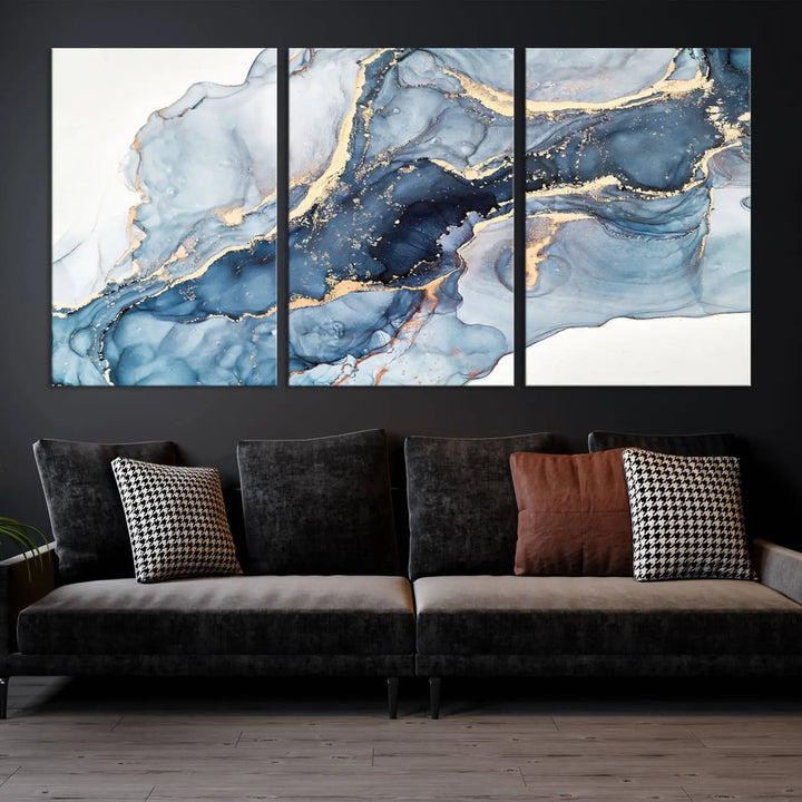 A contemporary setting showcases the "Abstract Art Print - Blue Abstract Canvas Wall Art Print Abstract Art Fluid Effect Marble Wall Art" on a dark wall.