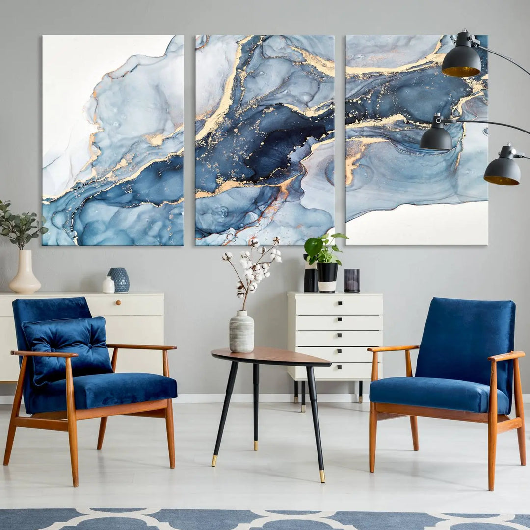 A contemporary setting showcases the "Abstract Art Print - Blue Abstract Canvas Wall Art Print Abstract Art Fluid Effect Marble Wall Art" on a dark wall.