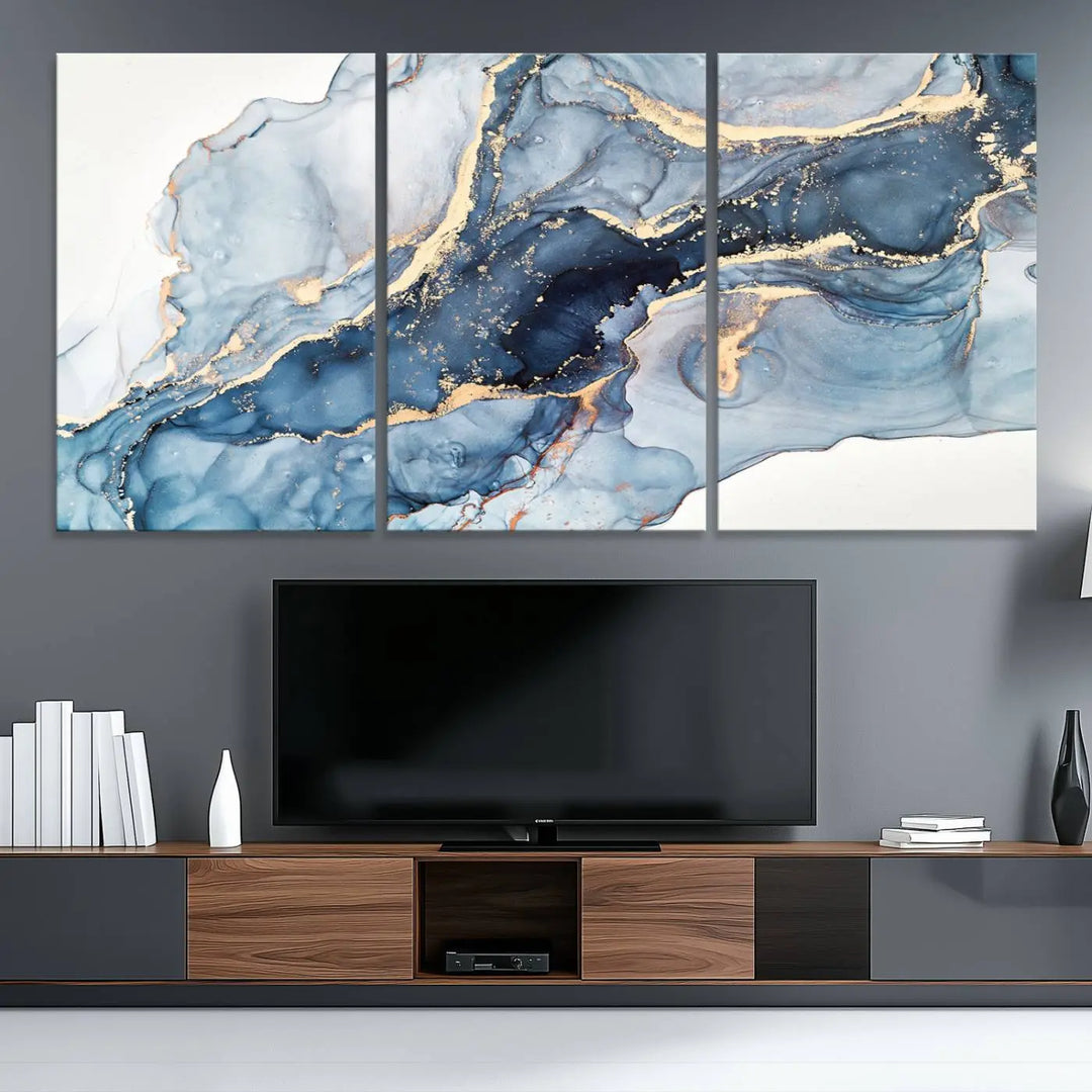 A contemporary setting showcases the "Abstract Art Print - Blue Abstract Canvas Wall Art Print Abstract Art Fluid Effect Marble Wall Art" on a dark wall.