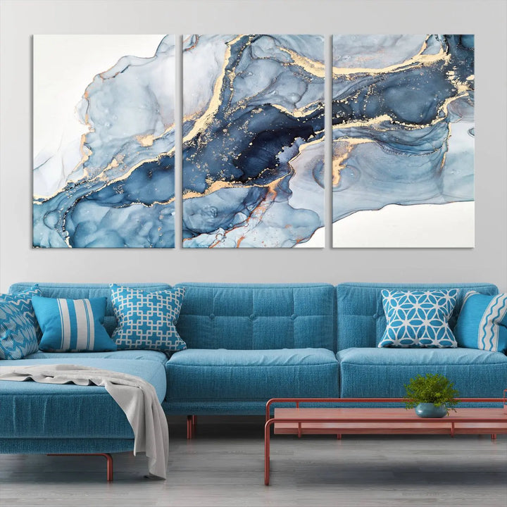 A contemporary setting showcases the "Abstract Art Print - Blue Abstract Canvas Wall Art Print Abstract Art Fluid Effect Marble Wall Art" on a dark wall.