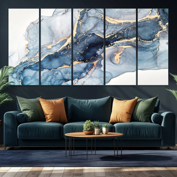 A contemporary setting showcases the "Abstract Art Print - Blue Abstract Canvas Wall Art Print Abstract Art Fluid Effect Marble Wall Art" on a dark wall.