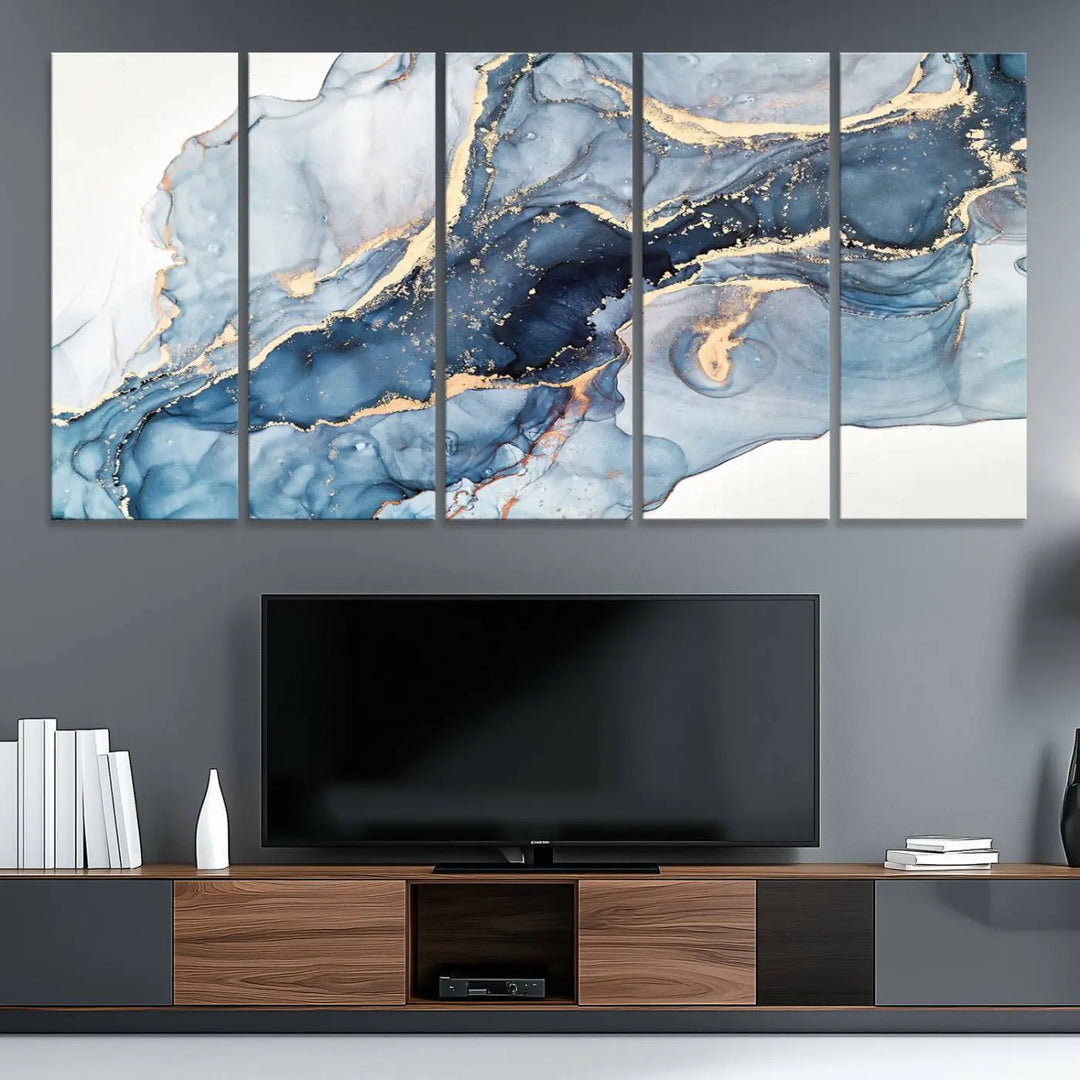 A contemporary setting showcases the "Abstract Art Print - Blue Abstract Canvas Wall Art Print Abstract Art Fluid Effect Marble Wall Art" on a dark wall.