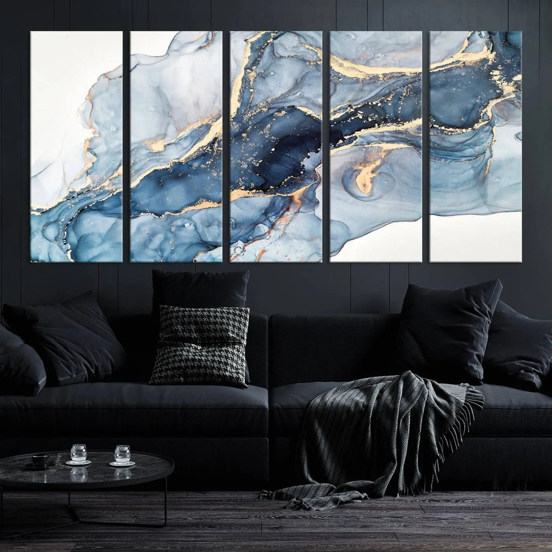 A contemporary setting showcases the "Abstract Art Print - Blue Abstract Canvas Wall Art Print Abstract Art Fluid Effect Marble Wall Art" on a dark wall.