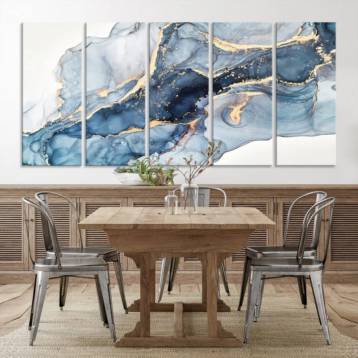 A contemporary setting showcases the "Abstract Art Print - Blue Abstract Canvas Wall Art Print Abstract Art Fluid Effect Marble Wall Art" on a dark wall.