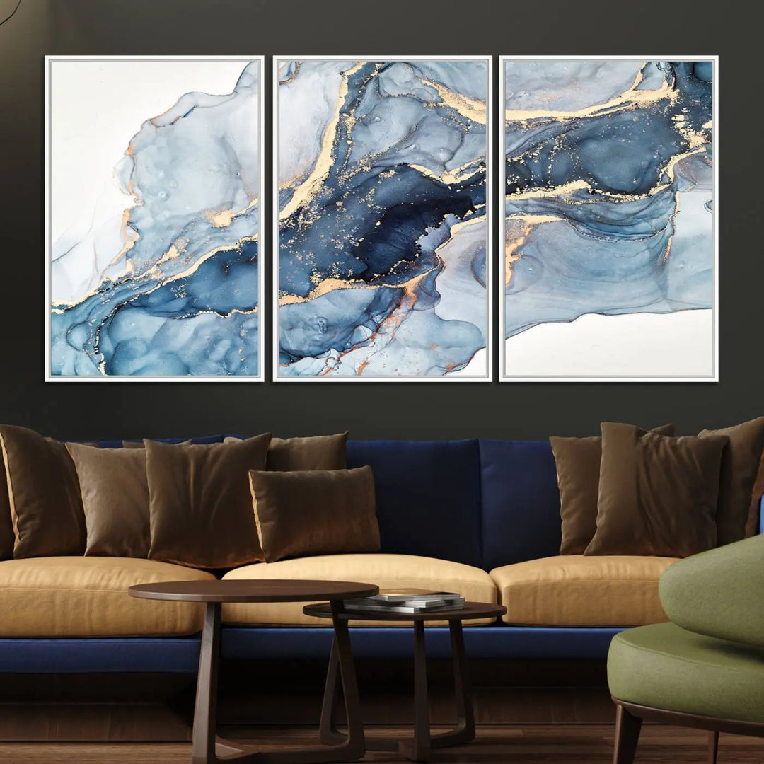 A contemporary setting showcases the "Abstract Art Print - Blue Abstract Canvas Wall Art Print Abstract Art Fluid Effect Marble Wall Art" on a dark wall.