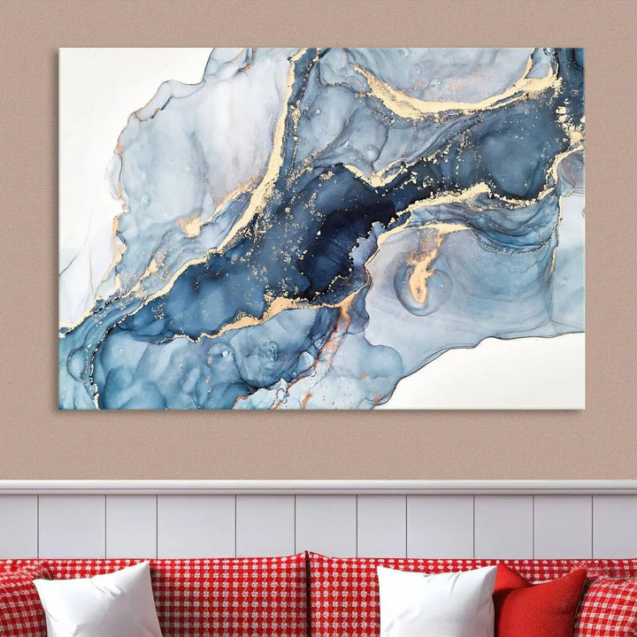 A contemporary setting showcases the "Abstract Art Print - Blue Abstract Canvas Wall Art Print Abstract Art Fluid Effect Marble Wall Art" on a dark wall.