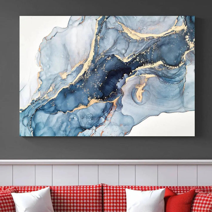 A contemporary setting showcases the "Abstract Art Print - Blue Abstract Canvas Wall Art Print Abstract Art Fluid Effect Marble Wall Art" on a dark wall.