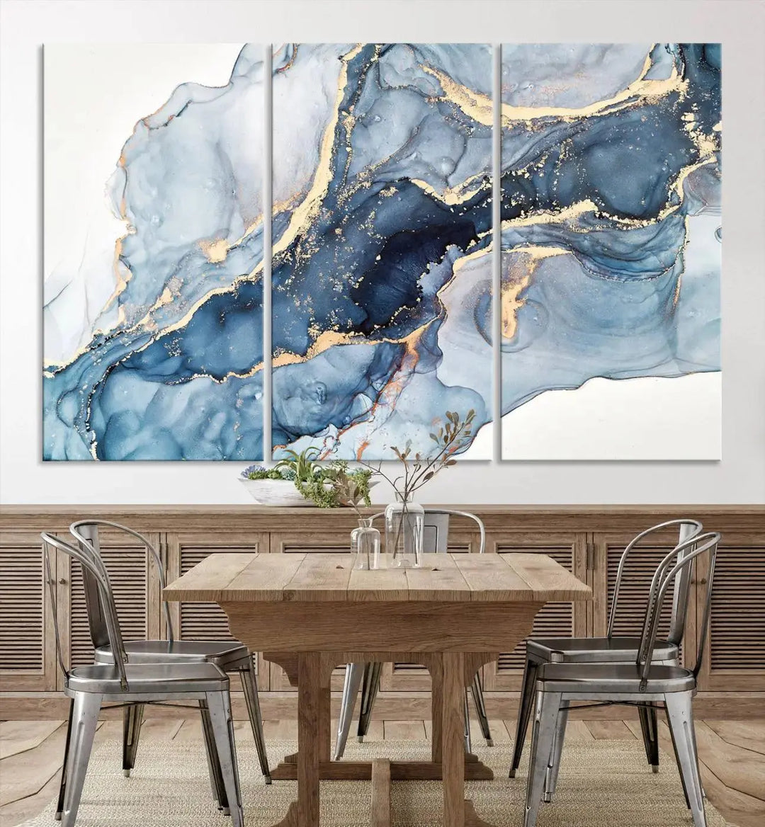 A contemporary setting showcases the "Abstract Art Print - Blue Abstract Canvas Wall Art Print Abstract Art Fluid Effect Marble Wall Art" on a dark wall.