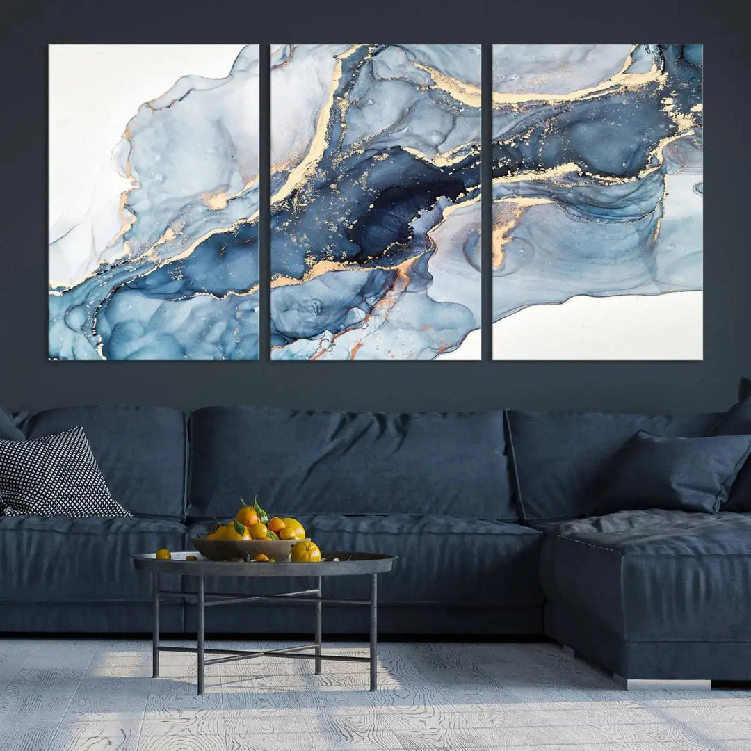 A contemporary setting showcases the "Abstract Art Print - Blue Abstract Canvas Wall Art Print Abstract Art Fluid Effect Marble Wall Art" on a dark wall.