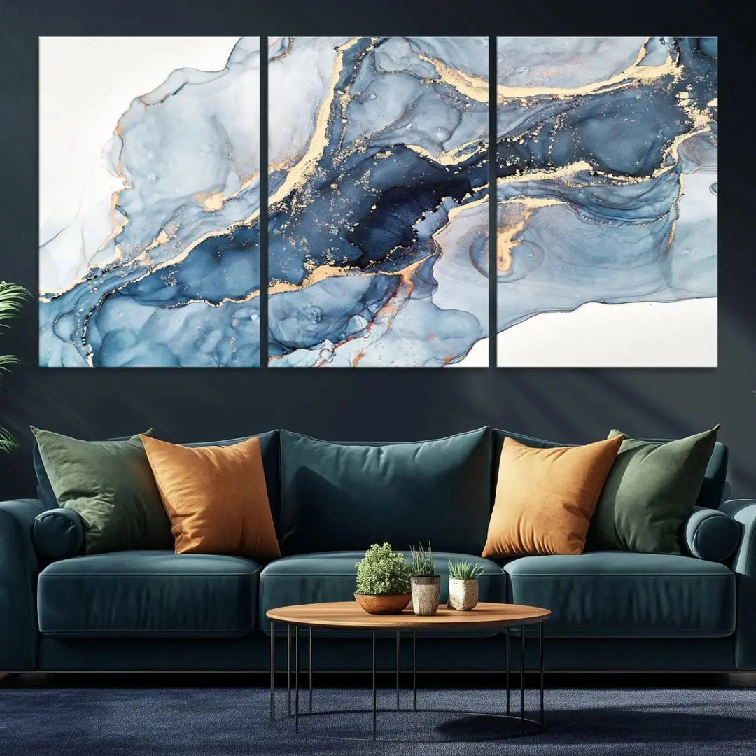 A contemporary setting showcases the "Abstract Art Print - Blue Abstract Canvas Wall Art Print Abstract Art Fluid Effect Marble Wall Art" on a dark wall.