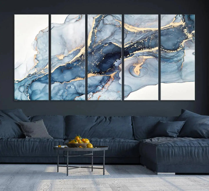 A contemporary setting showcases the "Abstract Art Print - Blue Abstract Canvas Wall Art Print Abstract Art Fluid Effect Marble Wall Art" on a dark wall.