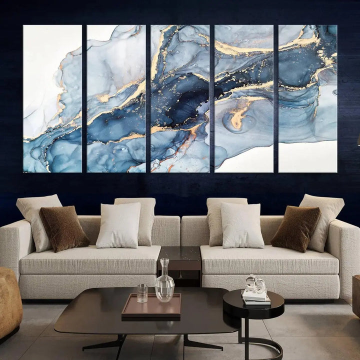 A contemporary setting showcases the "Abstract Art Print - Blue Abstract Canvas Wall Art Print Abstract Art Fluid Effect Marble Wall Art" on a dark wall.