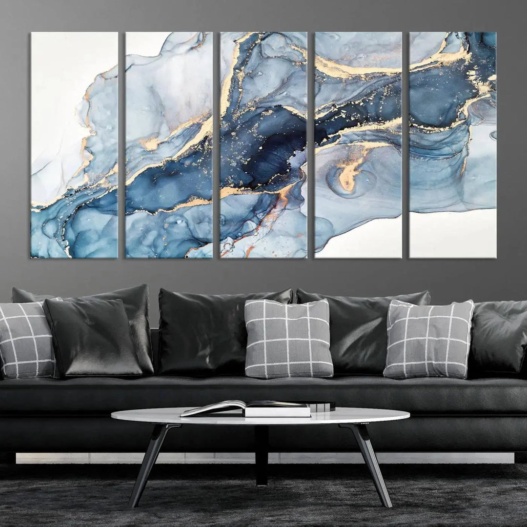 A contemporary setting showcases the "Abstract Art Print - Blue Abstract Canvas Wall Art Print Abstract Art Fluid Effect Marble Wall Art" on a dark wall.