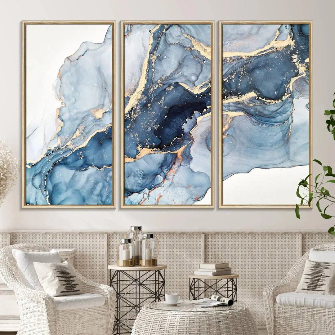 A contemporary setting showcases the "Abstract Art Print - Blue Abstract Canvas Wall Art Print Abstract Art Fluid Effect Marble Wall Art" on a dark wall.