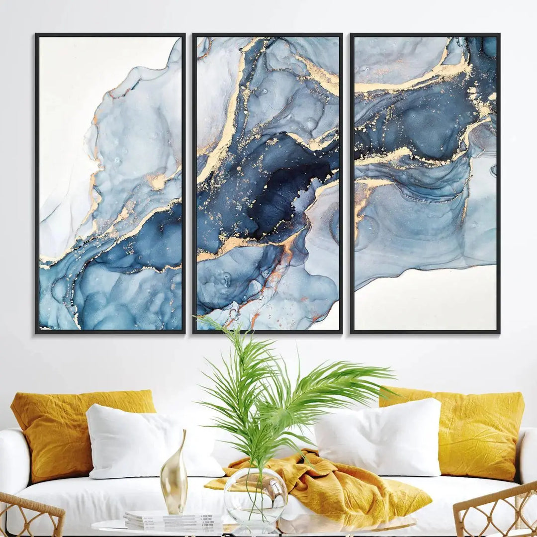 A contemporary setting showcases the "Abstract Art Print - Blue Abstract Canvas Wall Art Print Abstract Art Fluid Effect Marble Wall Art" on a dark wall.