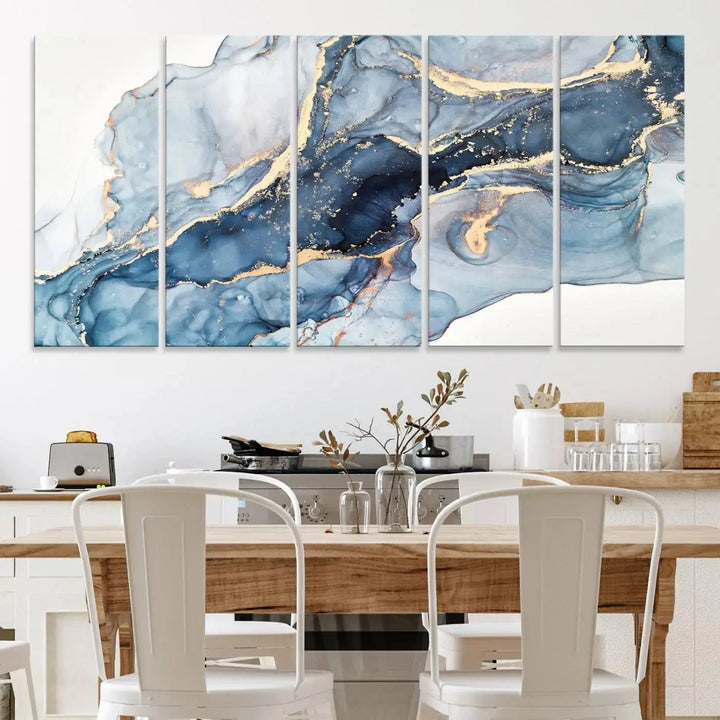 A contemporary setting showcases the "Abstract Art Print - Blue Abstract Canvas Wall Art Print Abstract Art Fluid Effect Marble Wall Art" on a dark wall.