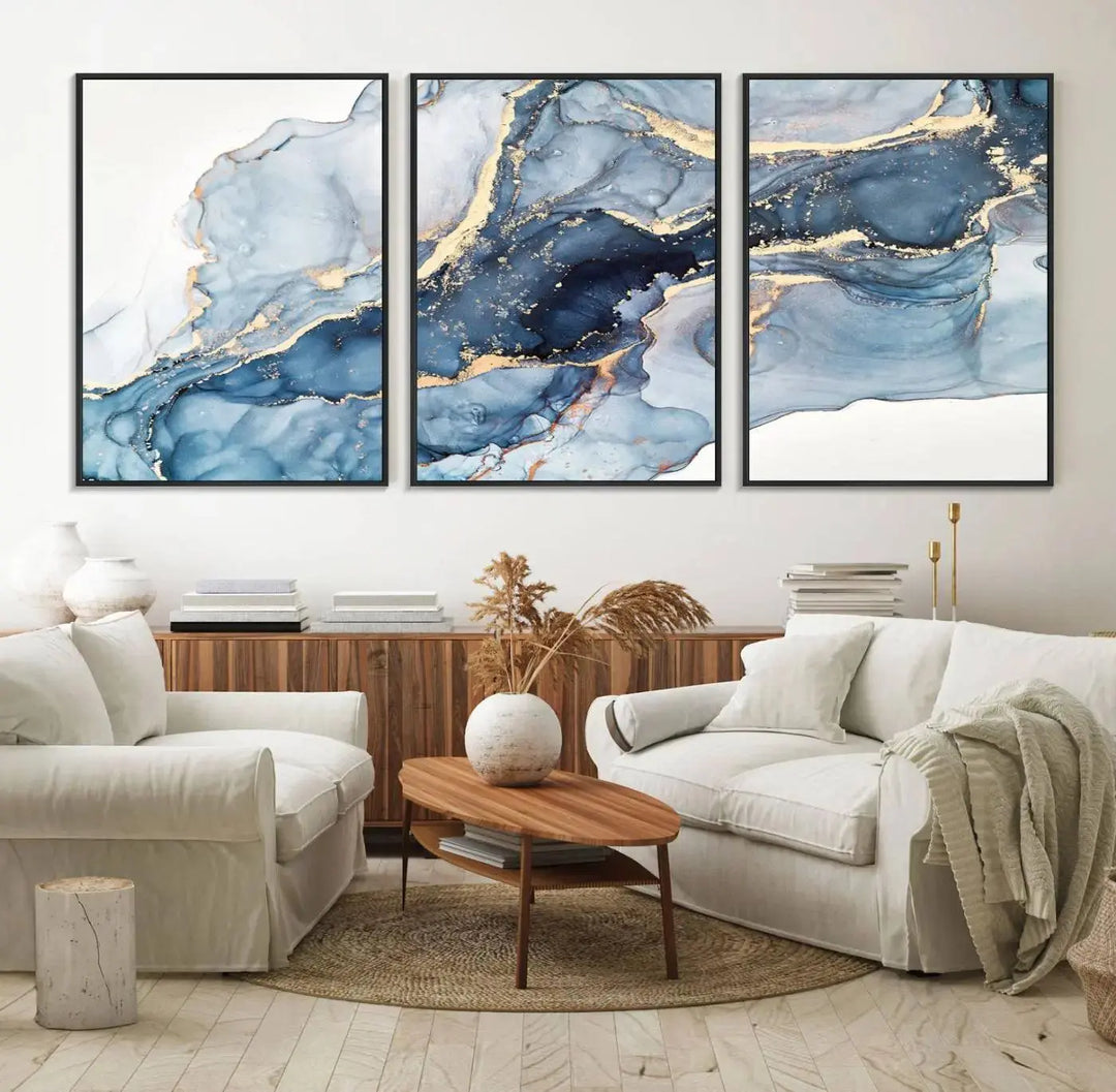 A contemporary setting showcases the "Abstract Art Print - Blue Abstract Canvas Wall Art Print Abstract Art Fluid Effect Marble Wall Art" on a dark wall.