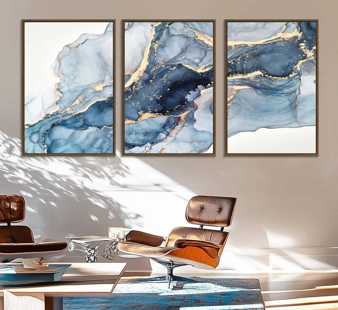 A contemporary setting showcases the "Abstract Art Print - Blue Abstract Canvas Wall Art Print Abstract Art Fluid Effect Marble Wall Art" on a dark wall.