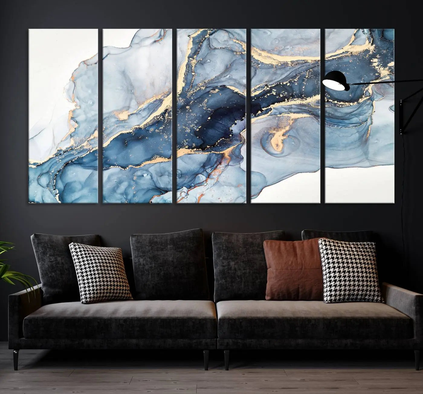 The living room showcases a striking Abstract Art Print - Blue Abstract Canvas Wall Art, featuring fluid effect artwork in vibrant blue and gold tones.