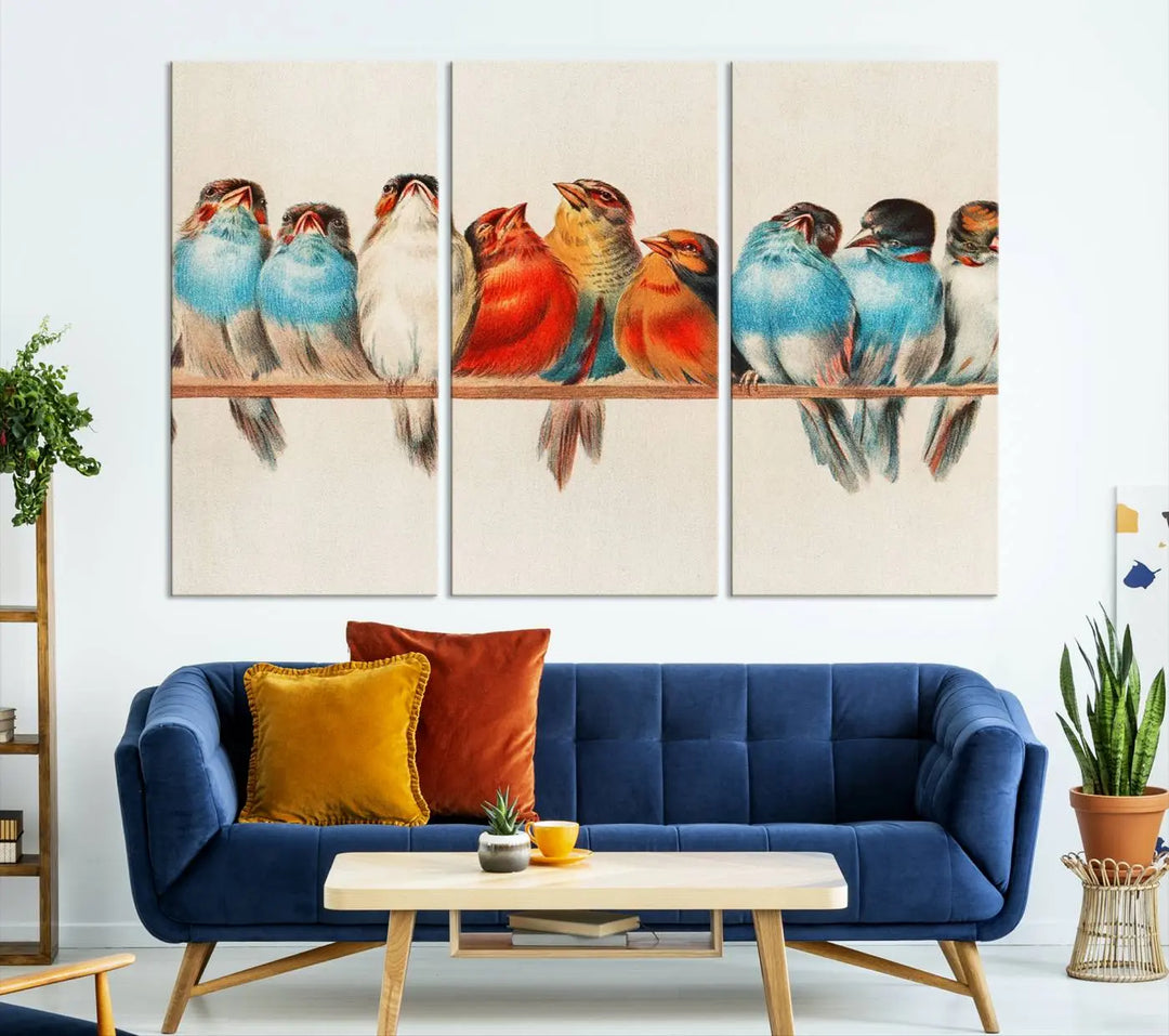 The Abstract Birds Wall Art Canvas Print, featuring a triptych of colorful birds perched on a branch, is printed on museum-quality canvas and equipped with a UV-protective coating and ready-to-hang design. This artwork adds vibrant elegance to your living space.