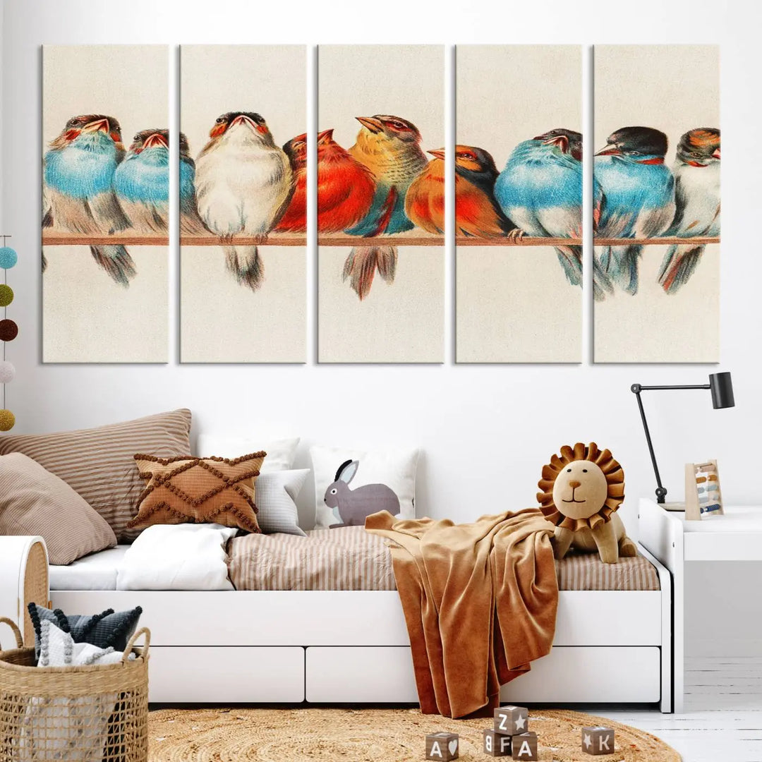 The Abstract Birds Wall Art Canvas Print, featuring a triptych of colorful birds perched on a branch, is printed on museum-quality canvas and equipped with a UV-protective coating and ready-to-hang design. This artwork adds vibrant elegance to your living space.