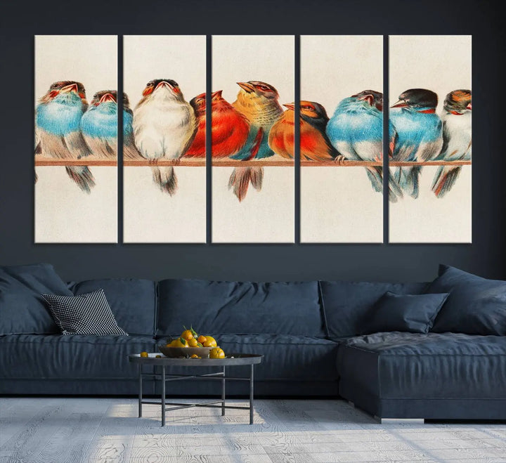 The Abstract Birds Wall Art Canvas Print, featuring a triptych of colorful birds perched on a branch, is printed on museum-quality canvas and equipped with a UV-protective coating and ready-to-hang design. This artwork adds vibrant elegance to your living space.