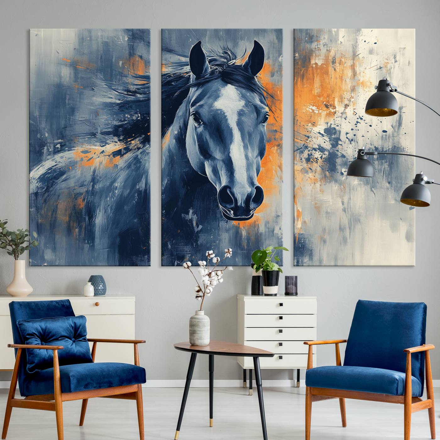 52676-MGV-CV-36X24-Abstract Blue Horse Wall Art Print Canvas | Horse Wall Art Print | Western Decor for Farmhouse | Rustic Cabin Art