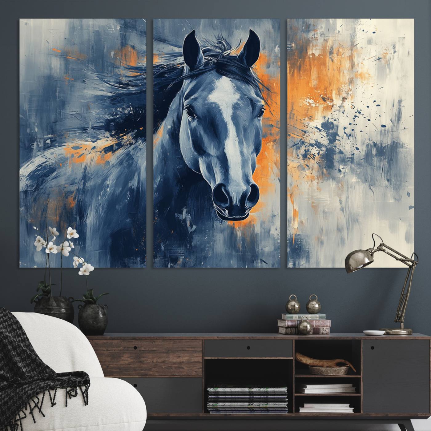 52676-MGV-CV-36X24-Abstract Blue Horse Wall Art Print Canvas | Horse Wall Art Print | Western Decor for Farmhouse | Rustic Cabin Art